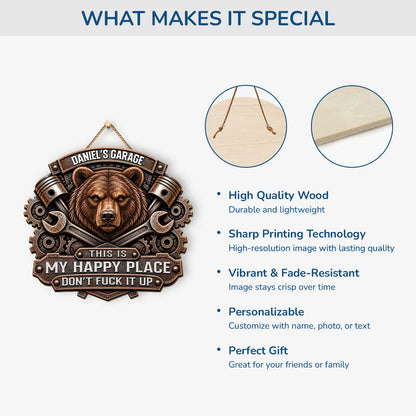 This Is My Happy Place - Personalized Bear Garage Wood Sign