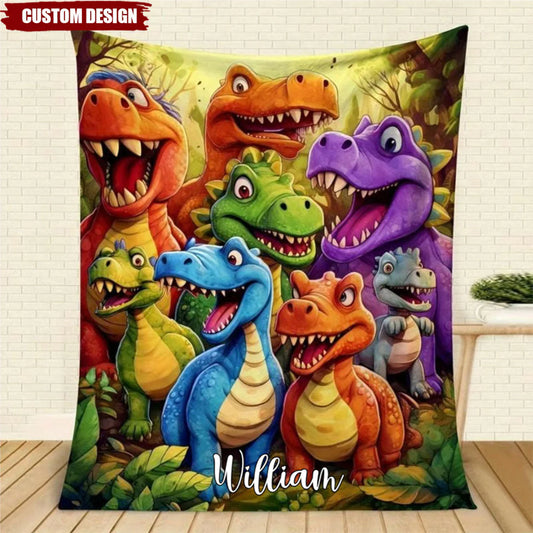 Personalized dinosaur baby blanket featuring colorful cartoon t-rex illustration for kids birthday gift
