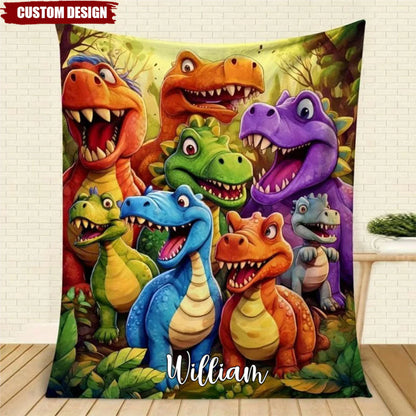 Personalized dinosaur baby blanket featuring colorful cartoon t-rex illustration for kids birthday gift