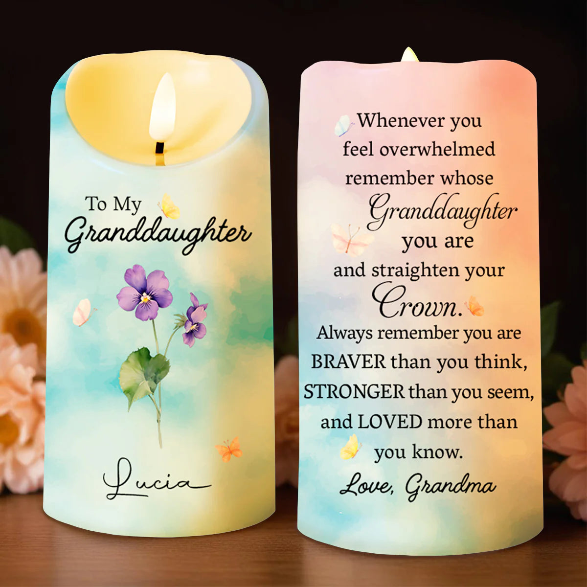 Custom Granddaughter Led Candle for Daughter/Granddaughter with personalized design details for meaningful gifting