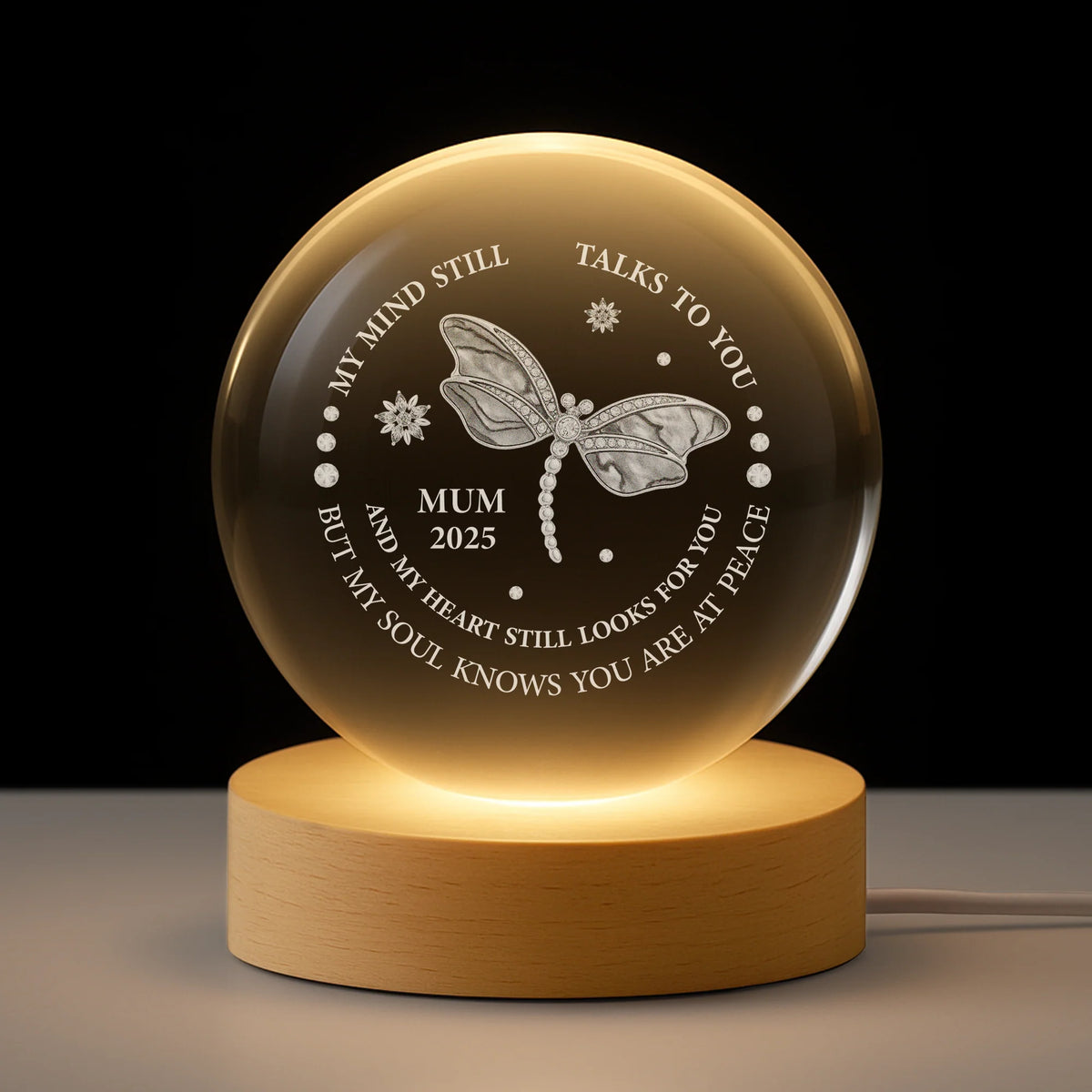 "My Mind Still Talks To You" Personalized Memorial Crystal Ball Lamp - Sympathy Gift for Loss of Mom and Dad