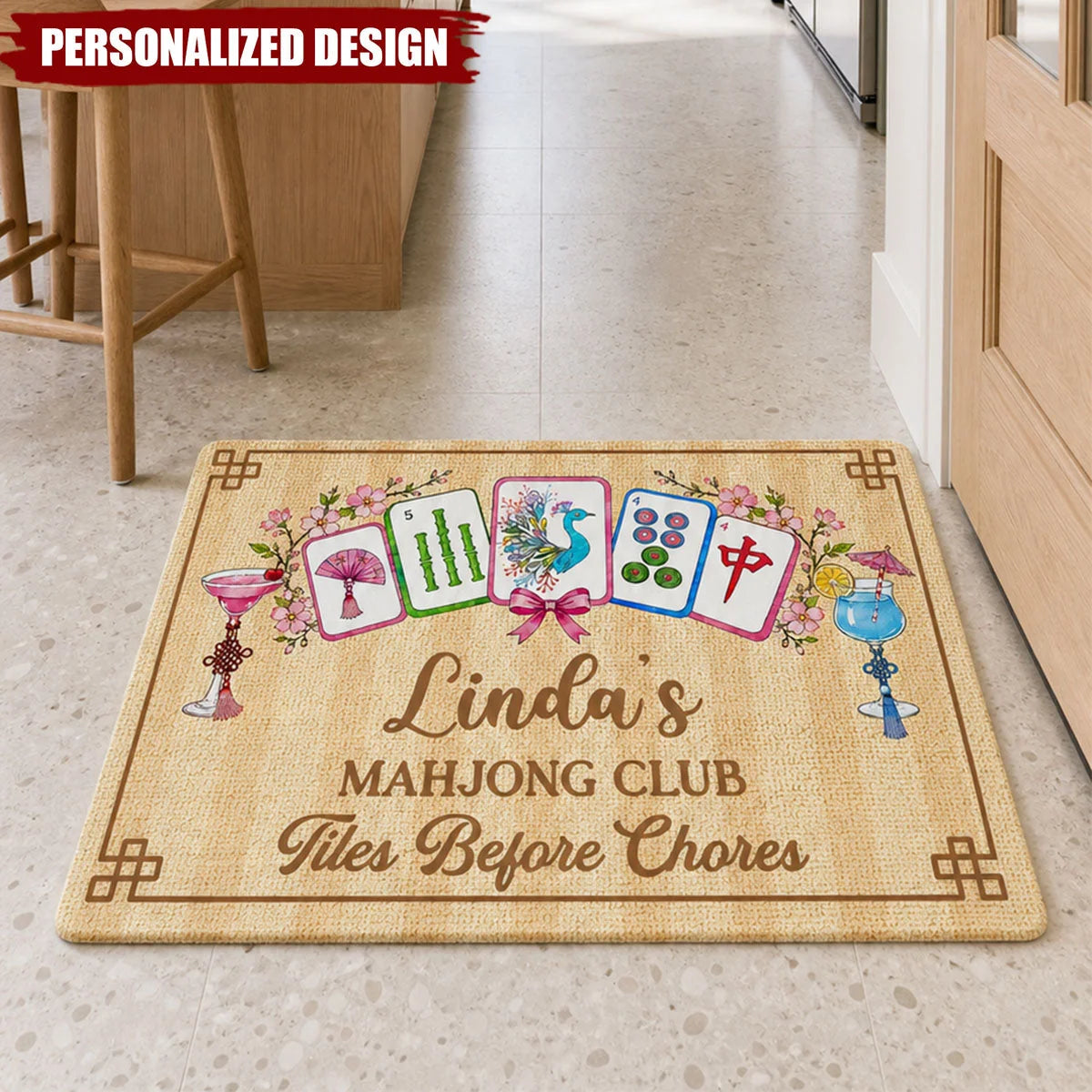 Tiles Before Chores Personalized Mahjong Club Doormat - Custom Welcome Mat for Mahjong Lovers