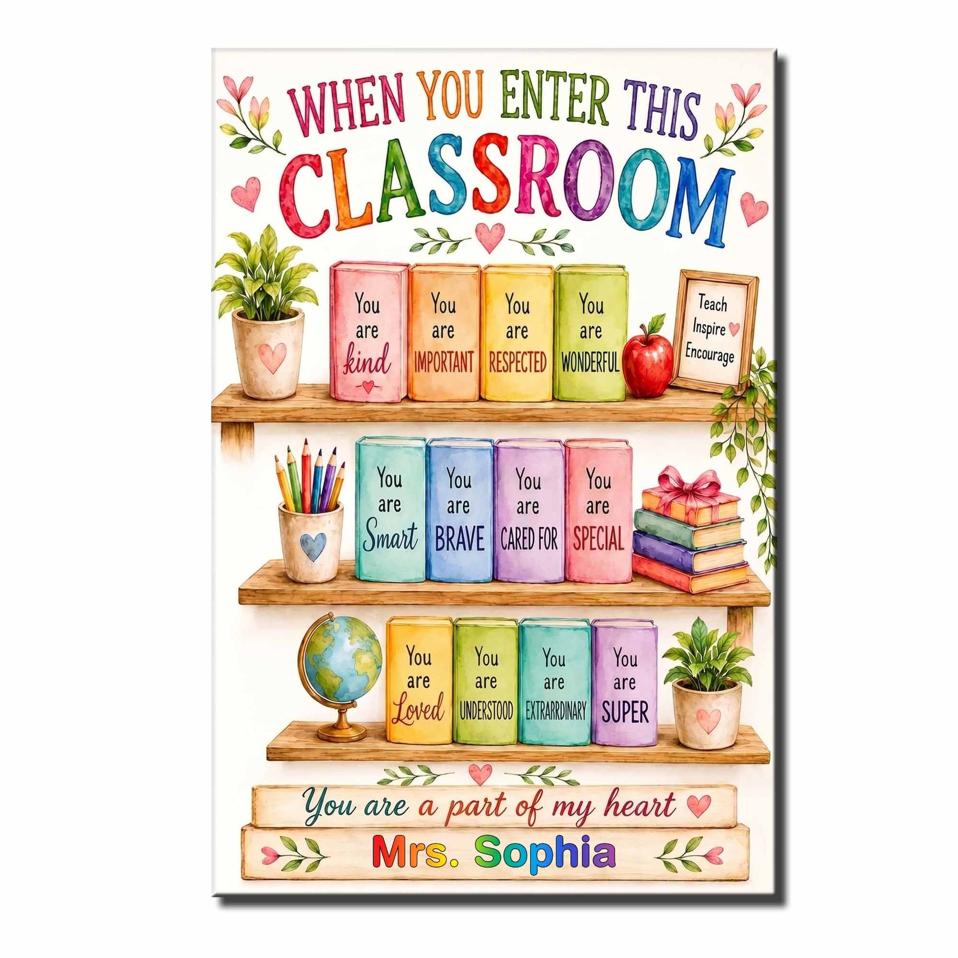 Personalized teacher appreciation poster with bookshelf design and custom classroom heart message image 8