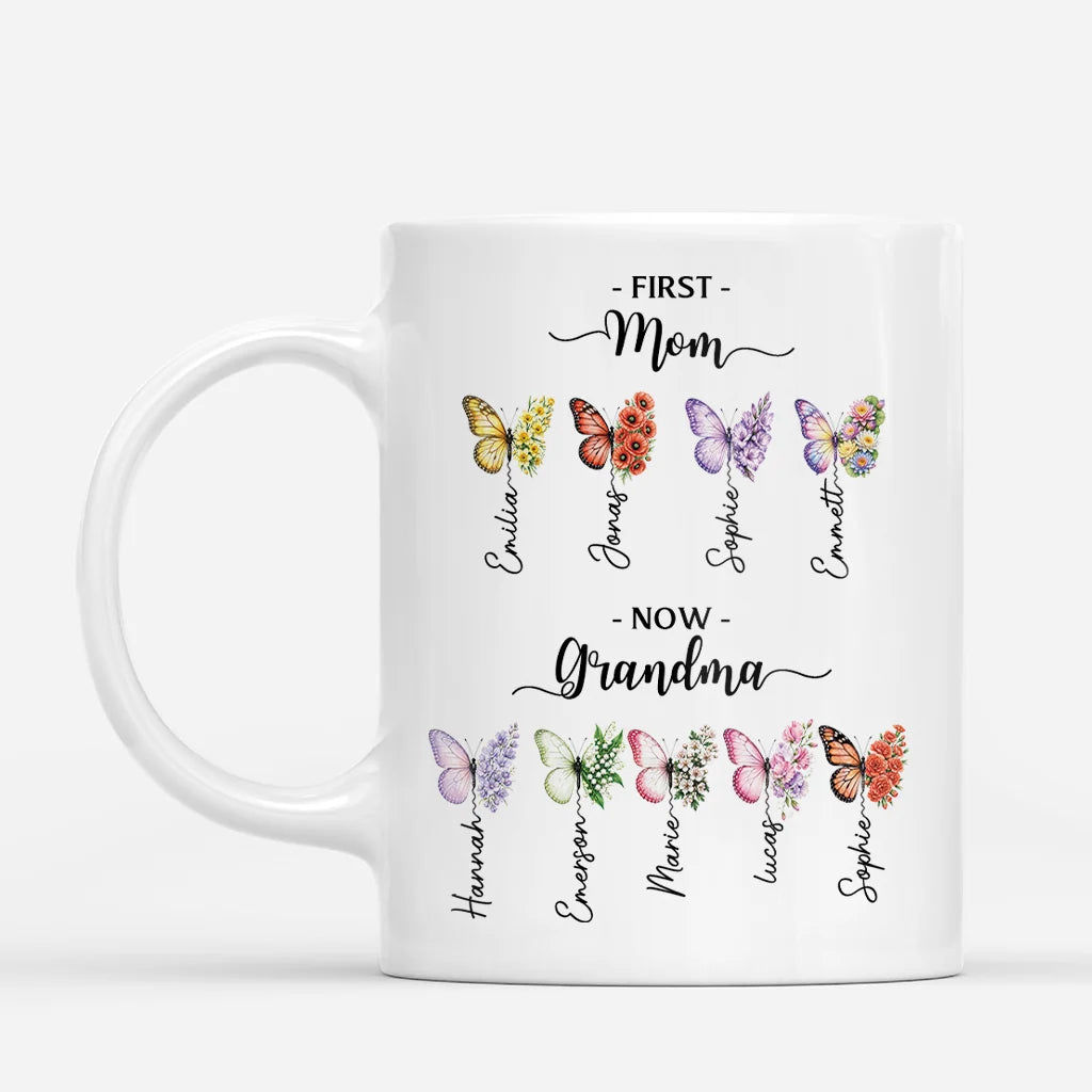 First Mom Now Grandma Personalized Butterfly Mug - Custom Floral Grandmother Coffee Cup Gift
