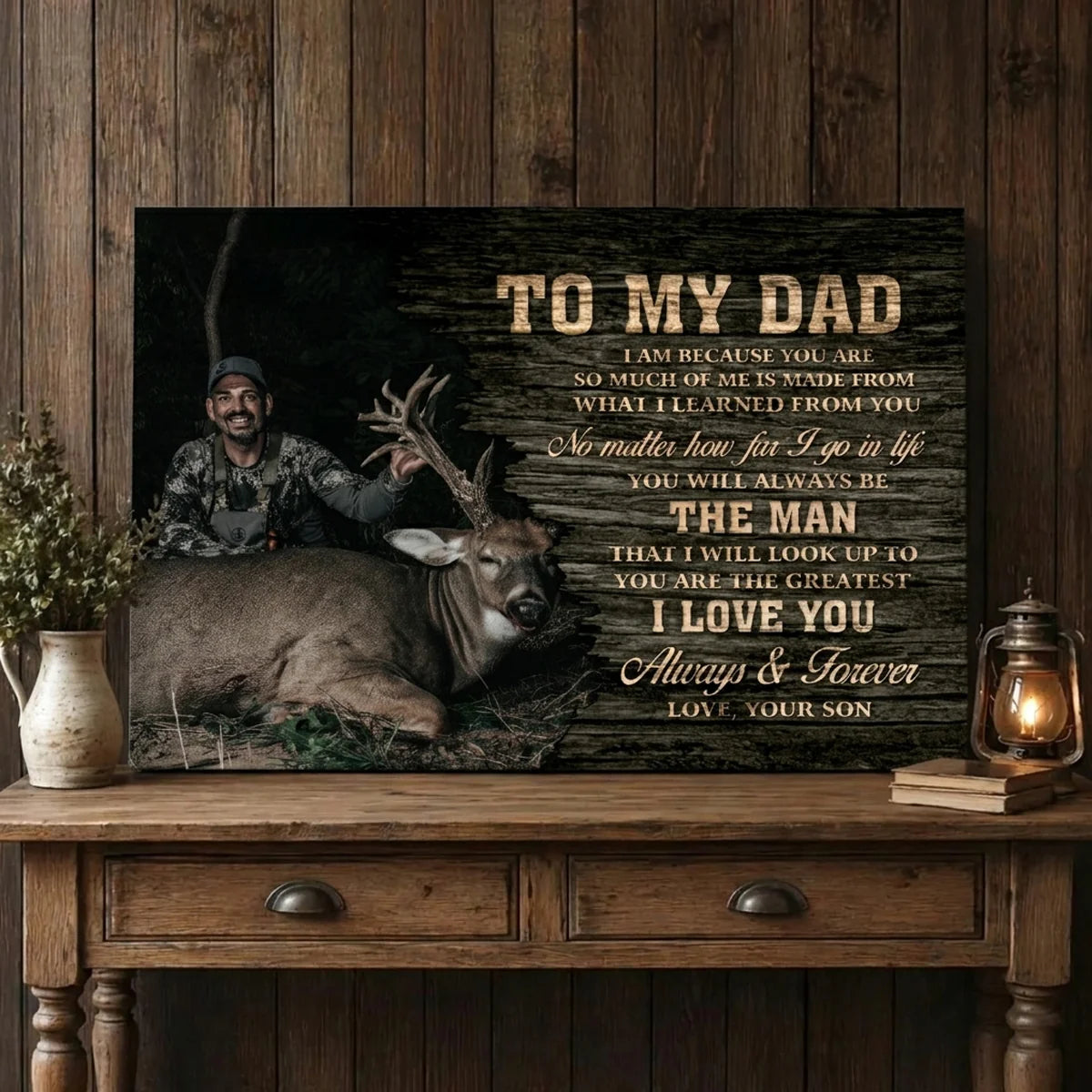 Personalized hunting gifts for dad featuring a custom photo print of deer hunting with a rustic wood background