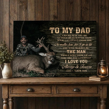 Personalized hunting gifts for dad featuring a custom photo print of deer hunting with a rustic wood background