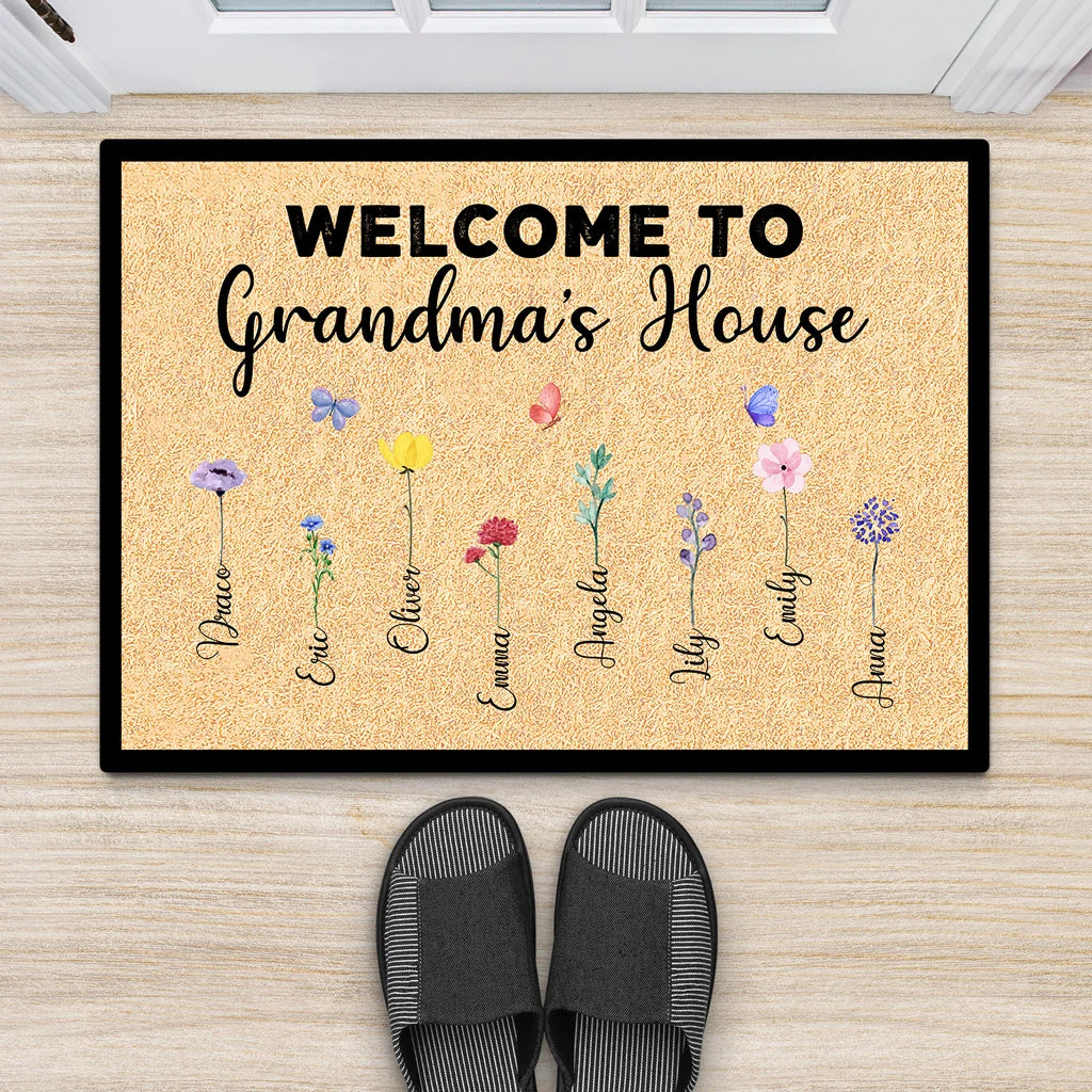 Welcome To Grandma's House Personalized Doormat - Custom Birth Flower Mat for Mom & Grandma