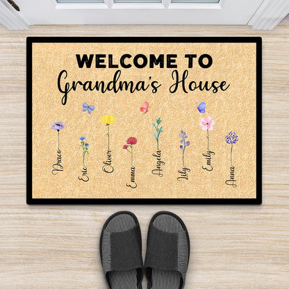 Welcome To Grandma's House Personalized Doormat - Custom Birth Flower Mat for Mom & Grandma