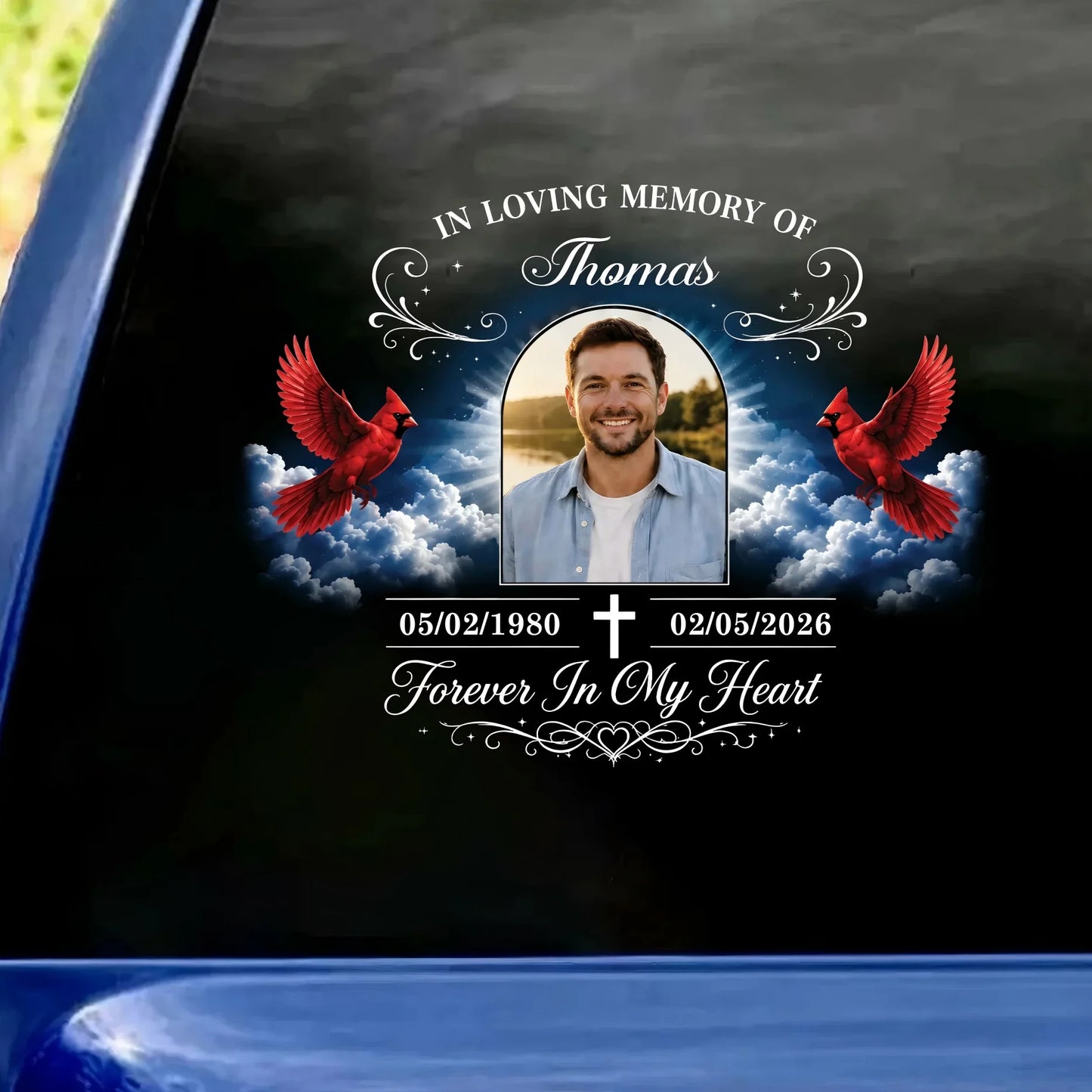 Personalized memorial car window decal sticker with custom photo and forever in my heart quote for family