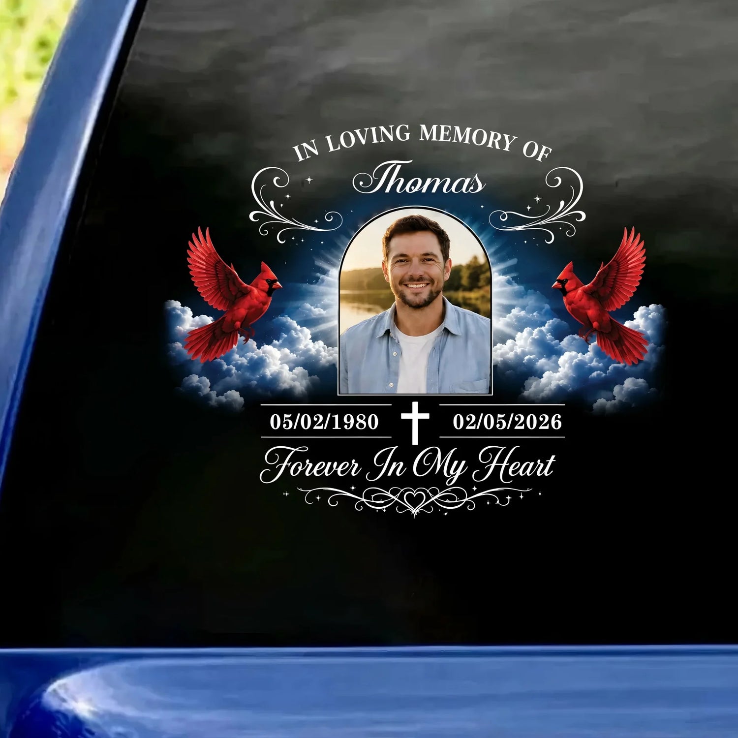 Personalized memorial car window decal sticker with custom photo and forever in my heart quote for family