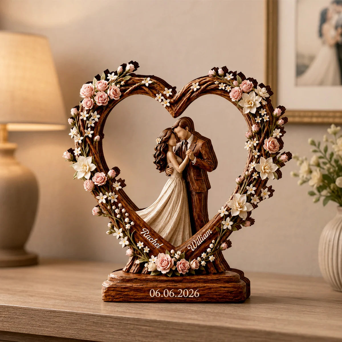 Personalized Wedding Couple Heart Wood Block - Custom Anniversary Gift