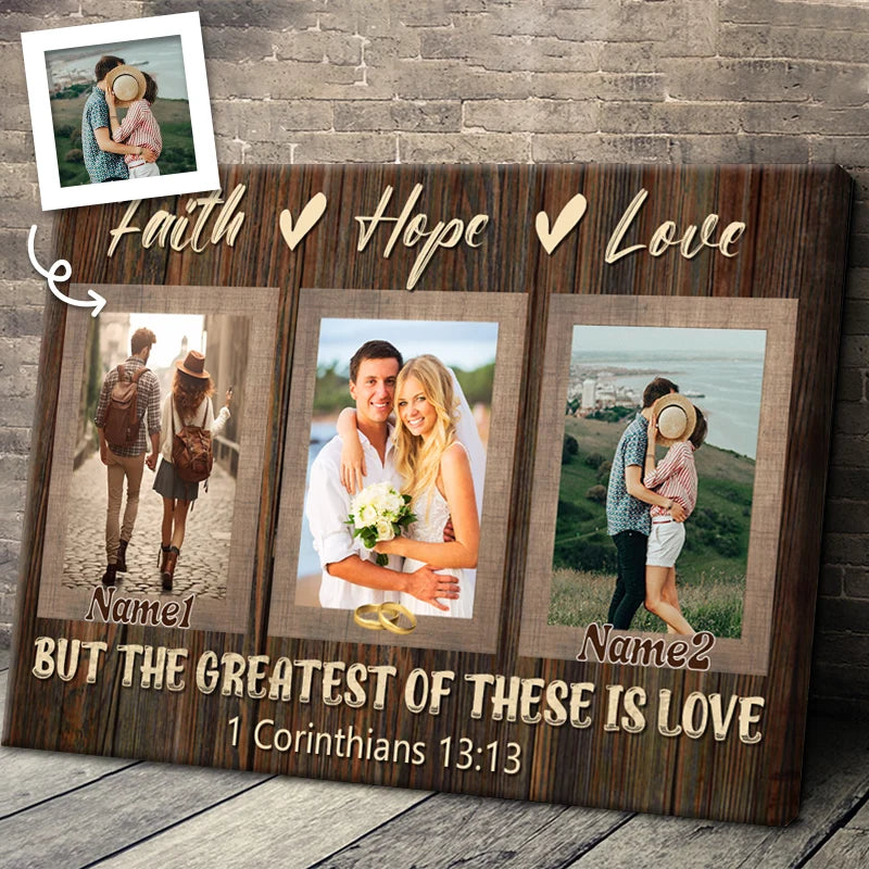 Faith Hope Love Personalized Anniversary Canvas / Poster - Custom Couple Photo Wall Art Gift