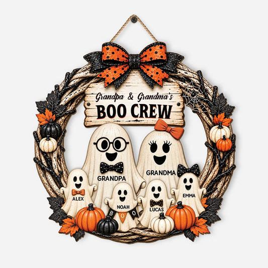 Boo Crew Halloween Wood Sign - Personalized Ghost Family Door Wreath Decor for Grandparents