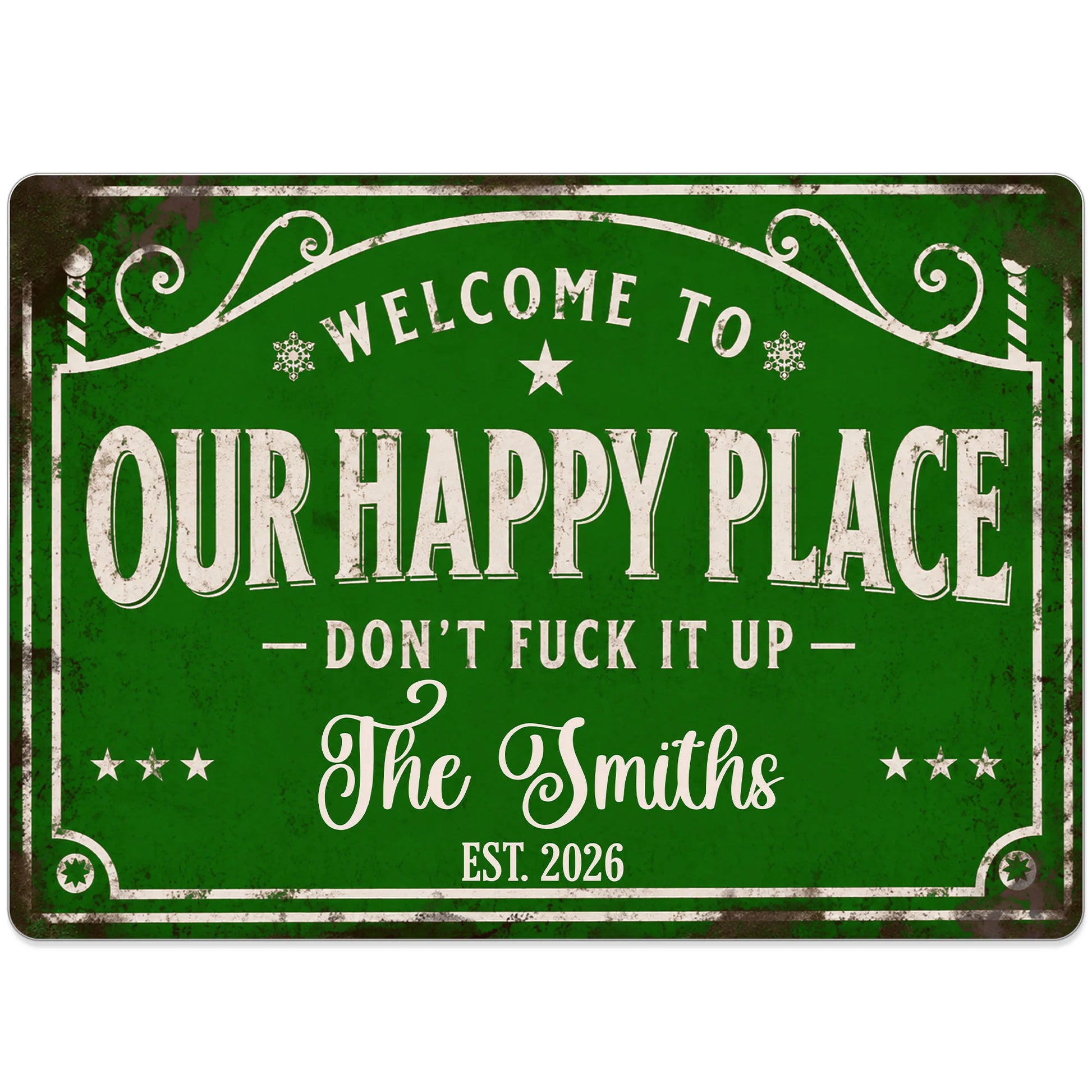 Personalized metal sign reading Welcome To Our Happy Place Don't Eff It Up for custom family home decor image 9