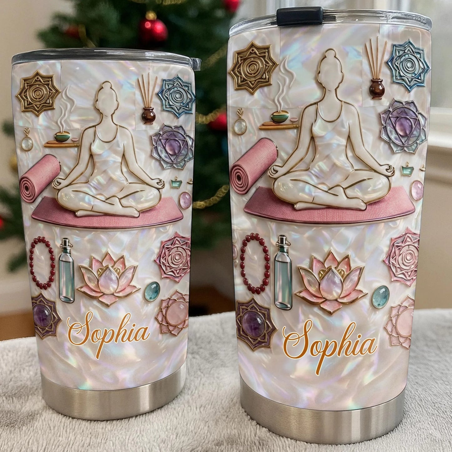 Personalized yoga meditation tumbler with custom name Sophia, faux 3D lotus flower, and mother of pearl design. image 7