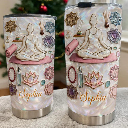 Personalized yoga meditation tumbler with custom name Sophia, faux 3D lotus flower, and mother of pearl design. image 7