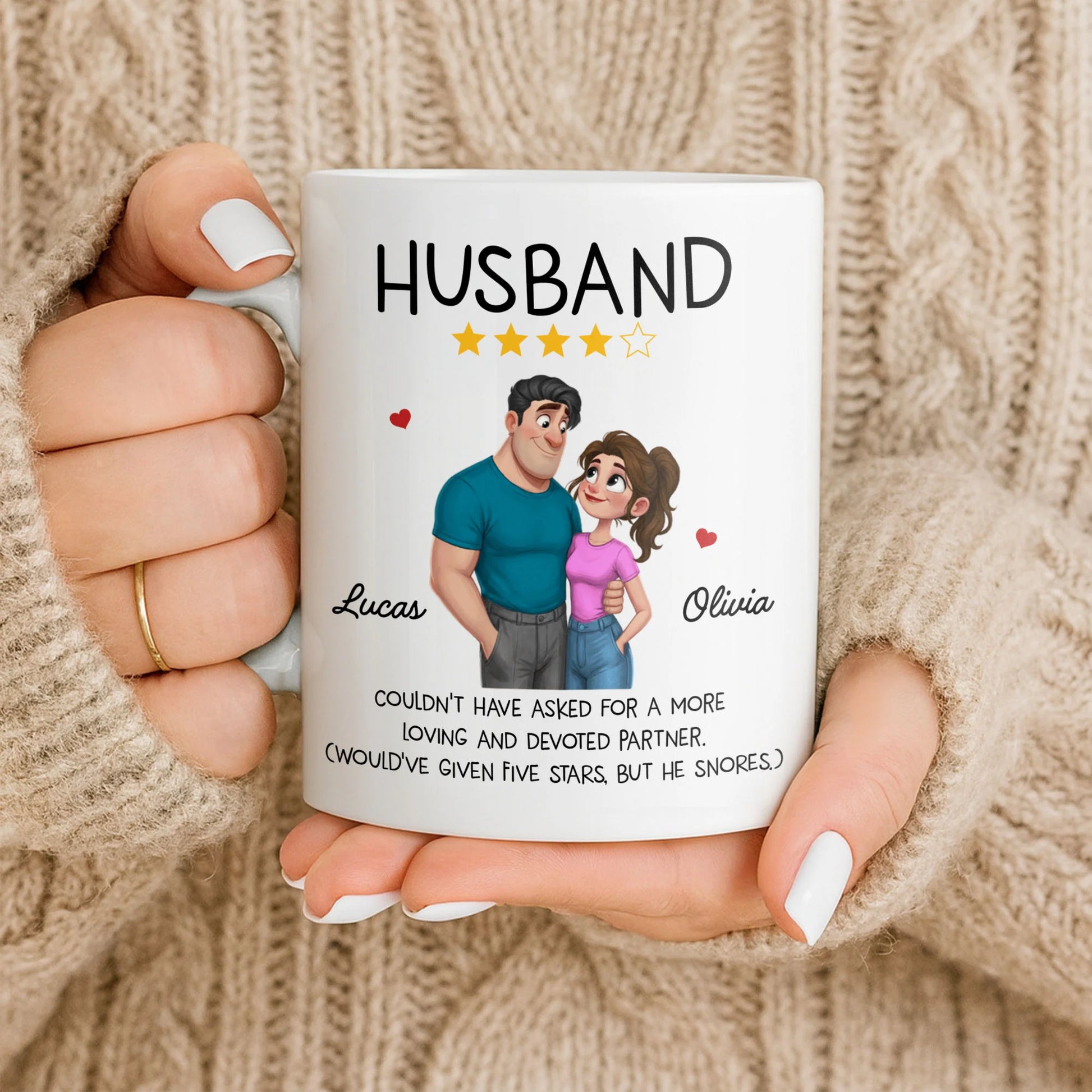 Funny personalized husband coffee mug with custom couple character art and star review quote image 9