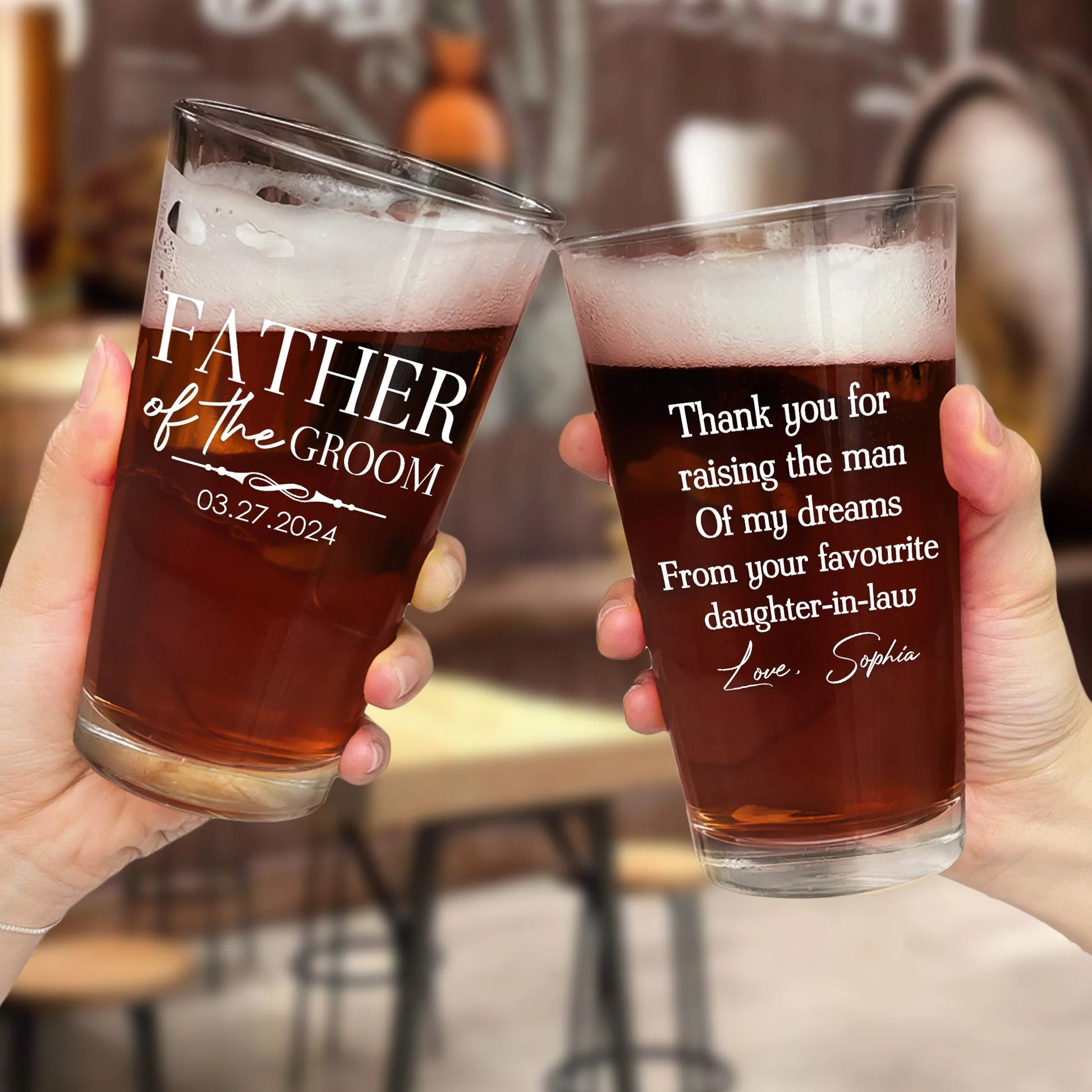 Custom Father Of The Groom Beer Glass personalization view for Mother-in-Law / Father-in-Law