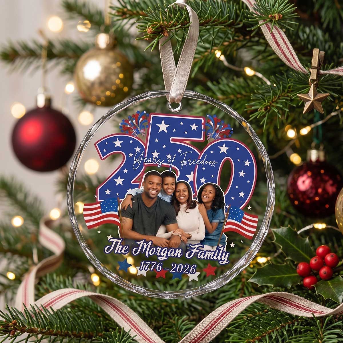 250 Years of Freedom Personalized Photo Ornament - Custom Patriotic Glass Family Christmas Decor