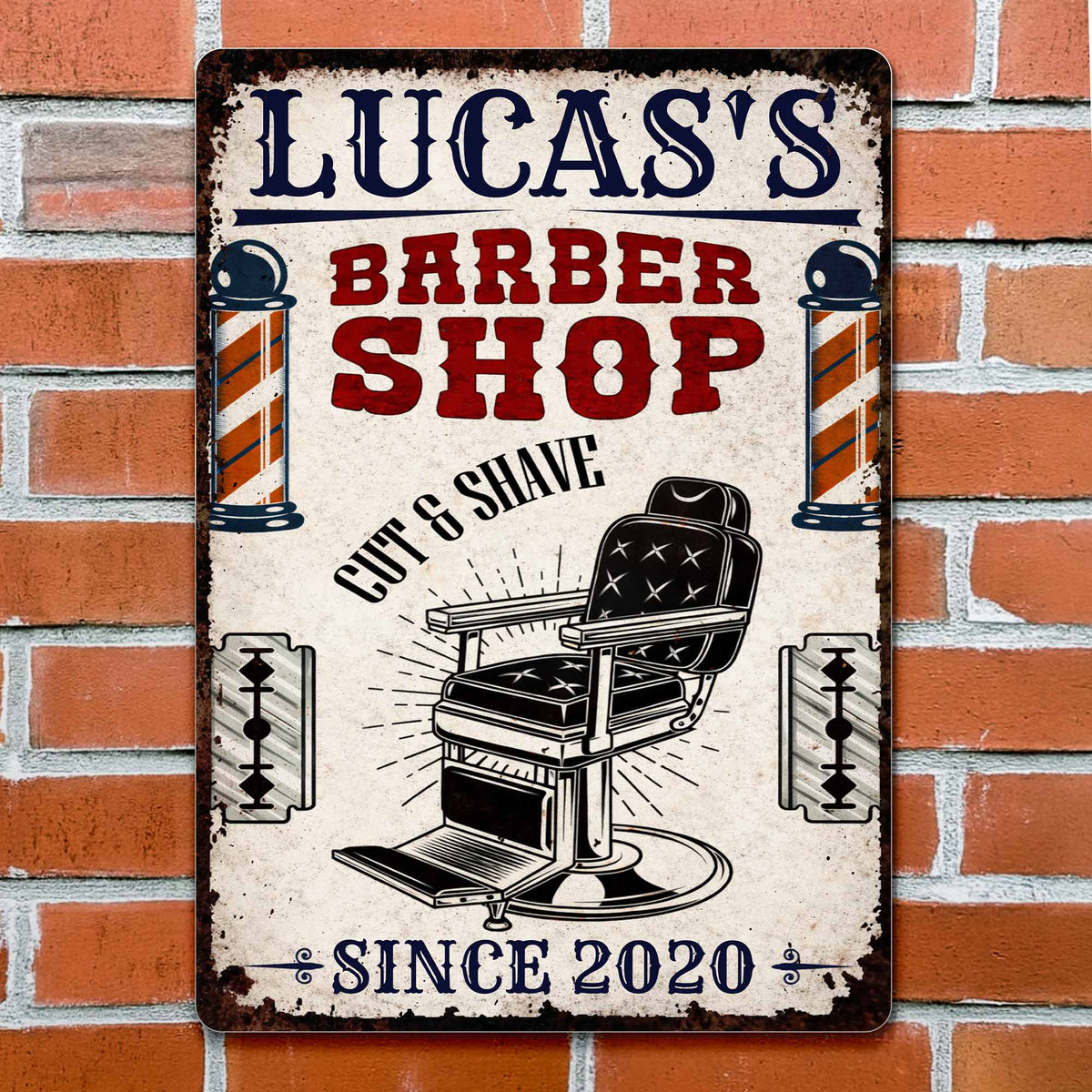 Custom Barber Shop Cut & Shave Metal Sign - Personalized Barber Chair Wall Decor for Men