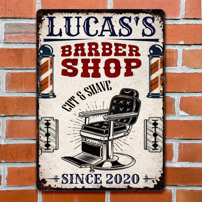 Custom Barber Shop Cut & Shave Metal Sign - Personalized Barber Chair Wall Decor for Men