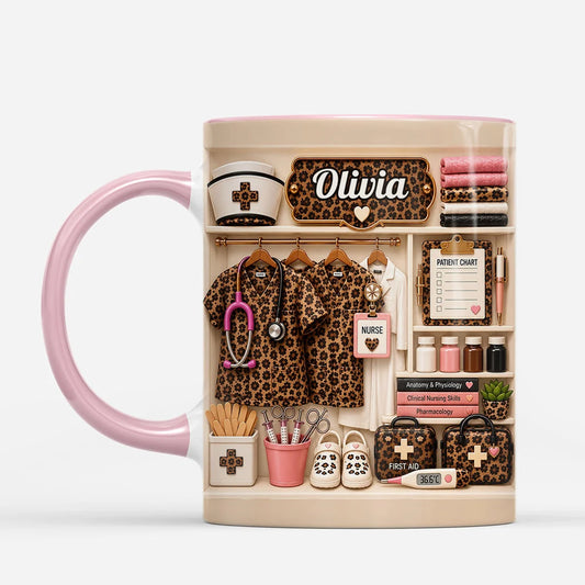 Custom Nurse Closet Essentials Mug - Personalized Leopard Scrubs Ceramic Cup for RN