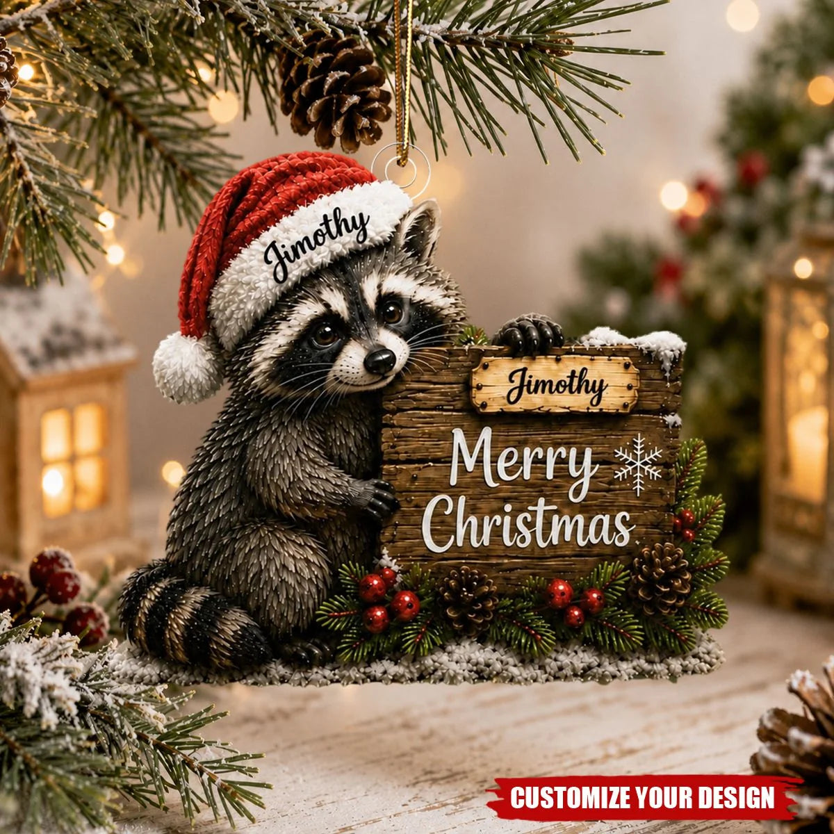 Merry Christmas Personalized Raccoon Acrylic Ornament - Custom Name Keepsake for Holiday Tree