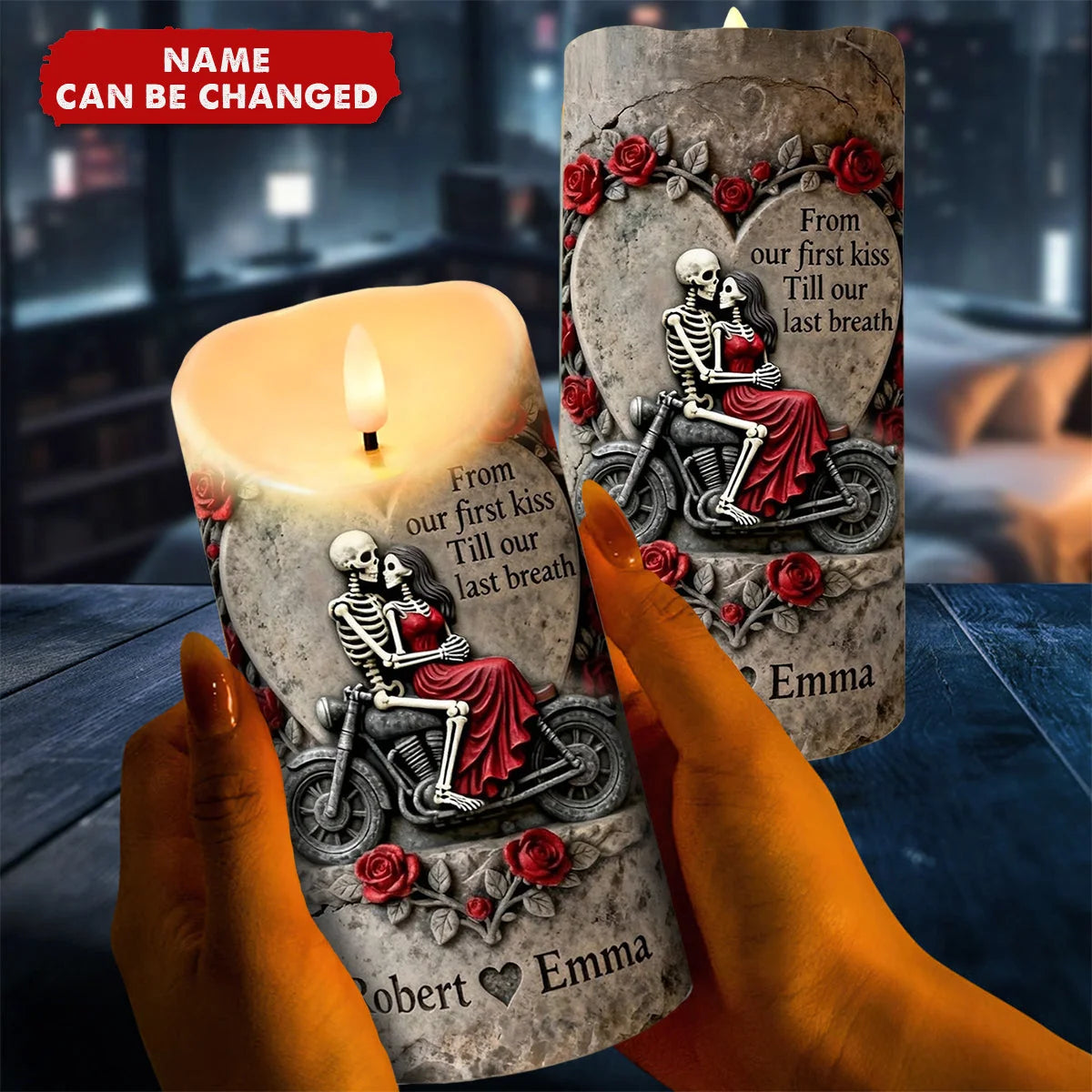 From Our First Kiss Till Our Last Breath Personalized LED Candle - Custom Biker Couple Keepsake for Anniversary
