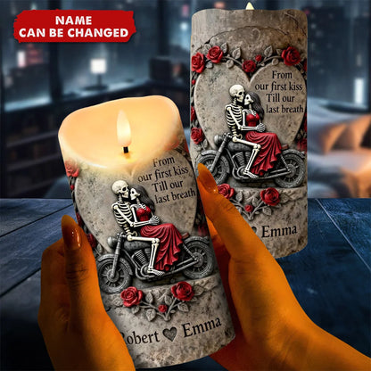 From Our First Kiss Till Our Last Breath Personalized LED Candle - Custom Biker Couple Keepsake for Anniversary