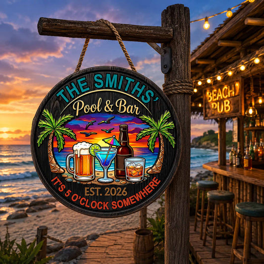 Personalized pool and bar wood sign with tropical beach sunset and drinks, perfect outdoor tiki bar decor