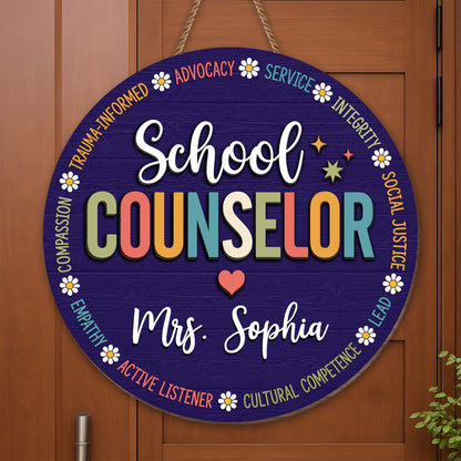 Personalized school counselor wooden sign with daisy flowers and custom name print for office decor image 9