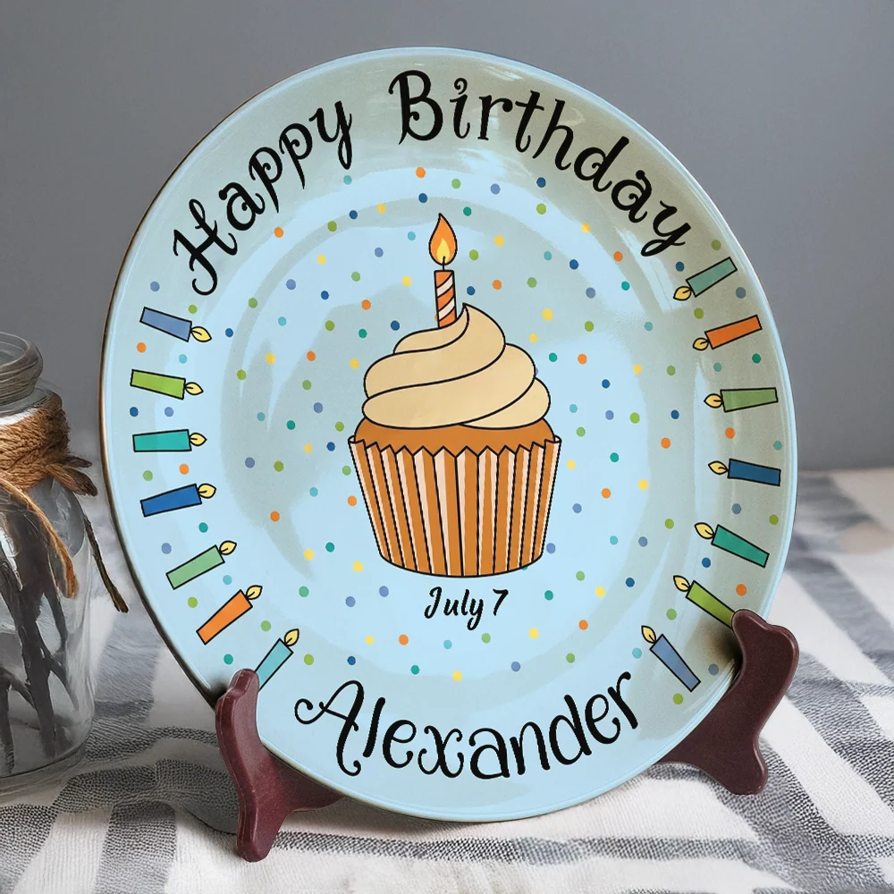 Happy Birthday Cake & Candles Personalized Birthday Ceramic Plate - Custom Name Keepsake Display Gift