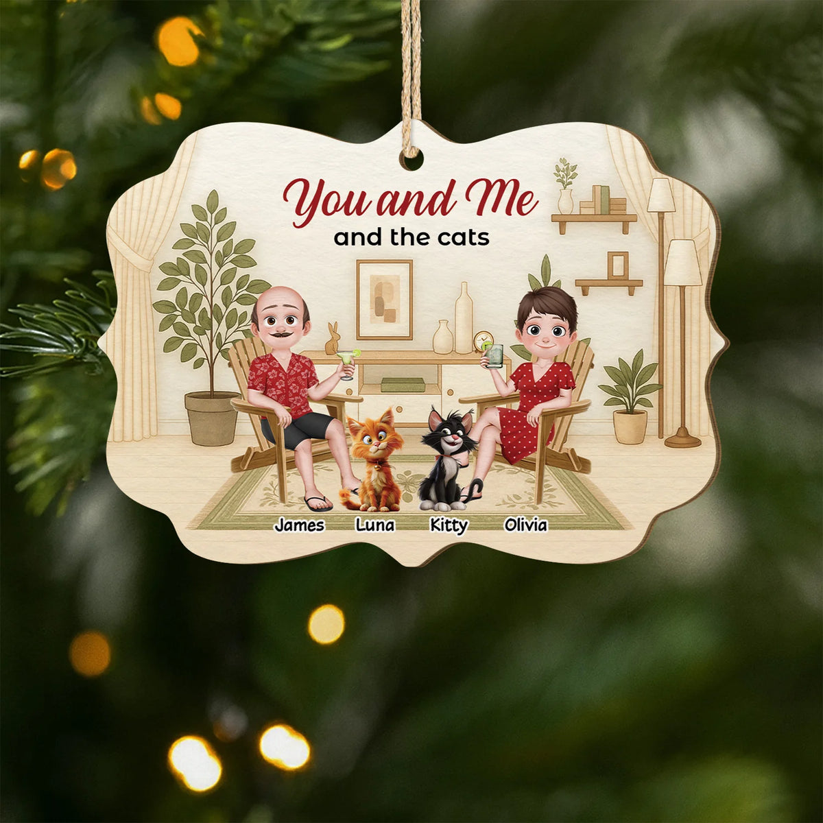 "You And Me And The Cats" Custom Wooden Ornament - Personalized Couple Gift for Cat Lovers