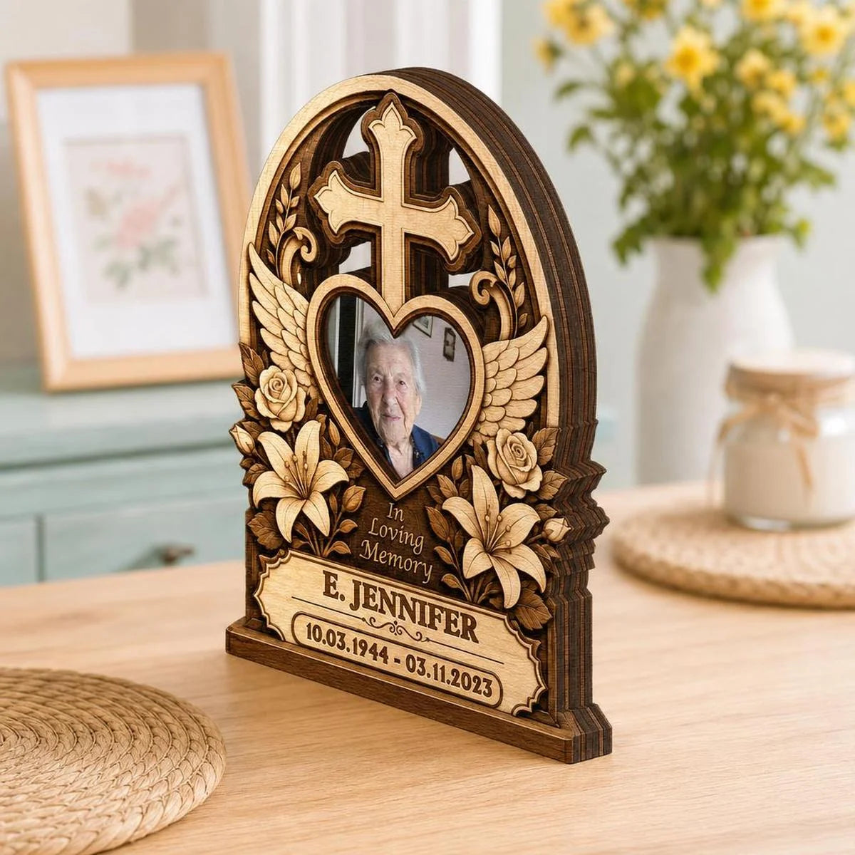 "In Loving Memory" Personalized Memorial Wooden Block - Custom Photo Cross Gift for Family