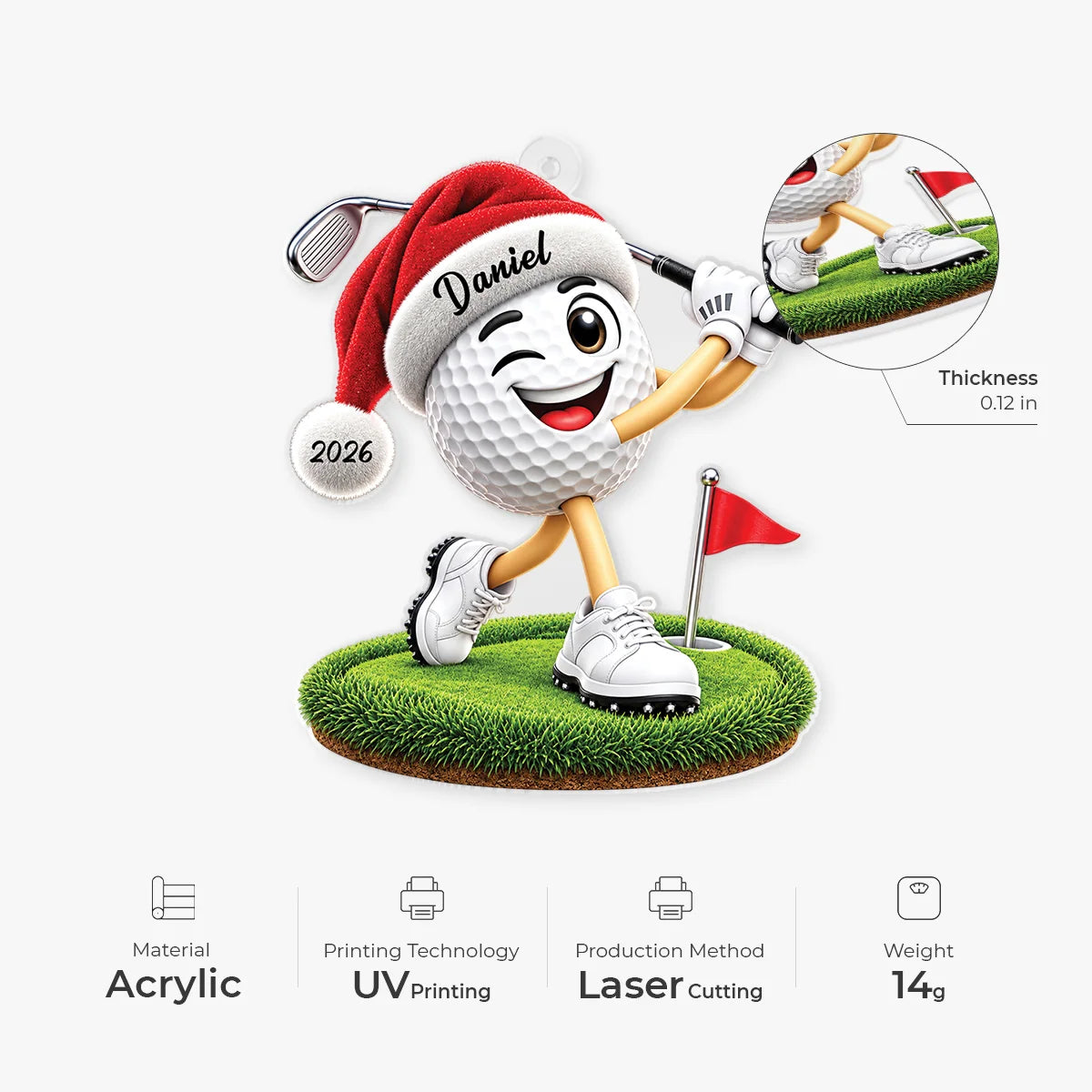 Custom Santa Hat Golfer Acrylic Ornament - Personalized Golf Christmas Keepsake Gift for Dad, Grandpa & Golfers