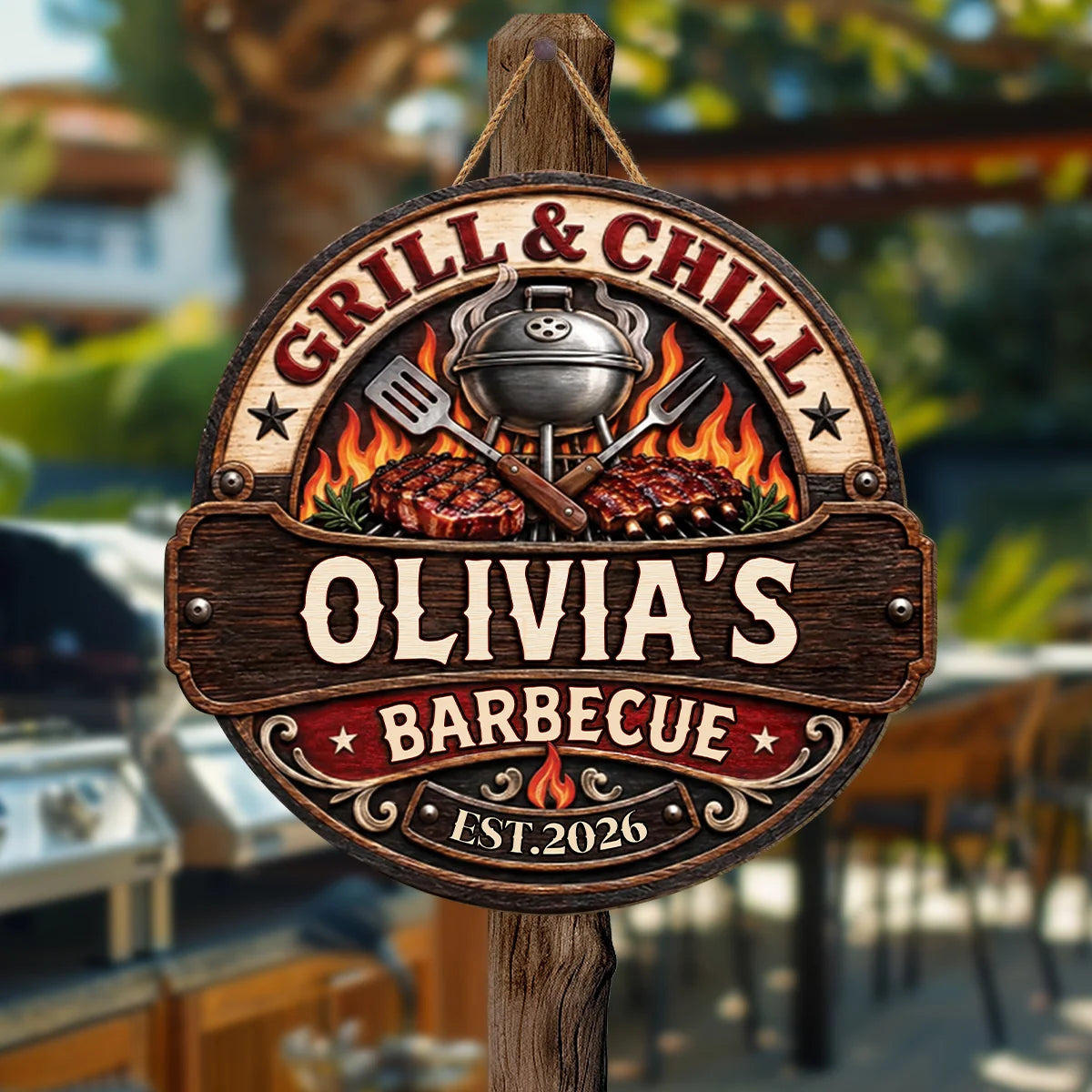 Grill & Chill Barbecue Wood Sign Personalized BBQ Sign - Dad, Husband Grill Master Gift