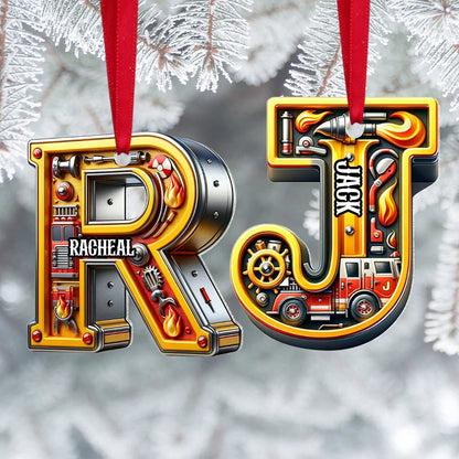 Personalized Fire Truck Letter Christmas Ornament - Custom Name Firefighter Acrylic Keepsake