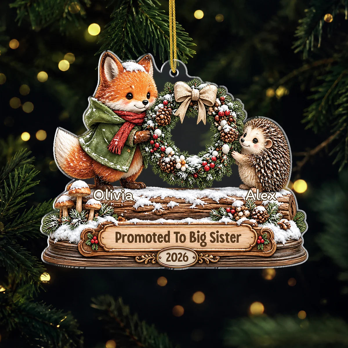 Promoted To Big Sister Personalized Acrylic Ornament - Custom Woodland Sibling Christmas Gift