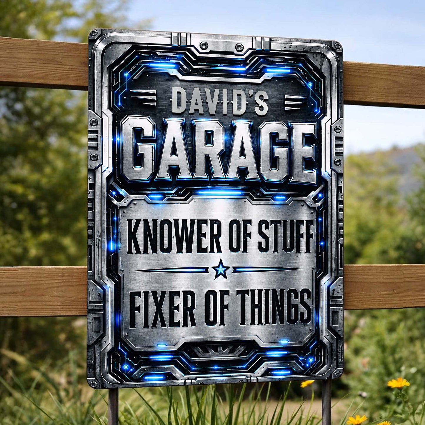 Personalized garage metal sign featuring Knower of Stuff Fixer of Things for dad's man cave wall decor image 6