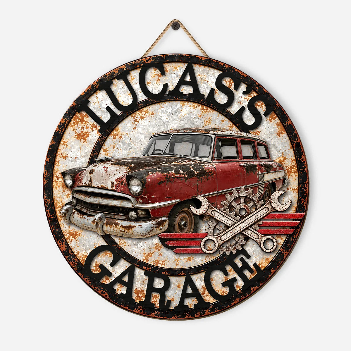 Vintage Car Garage Sign - Personalized Wood Sign Gift for Dad & Husband Workshop