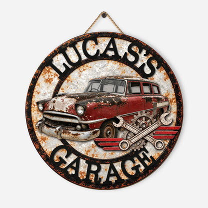 Vintage Car Garage Sign - Personalized Wood Sign Gift for Dad & Husband Workshop