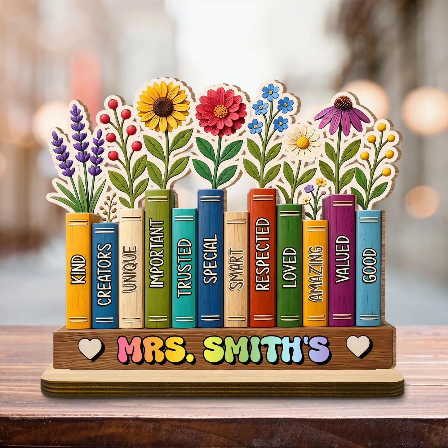Personalized teacher wood plaque with colorful printed books and flowers desk decor gift for educators image 7