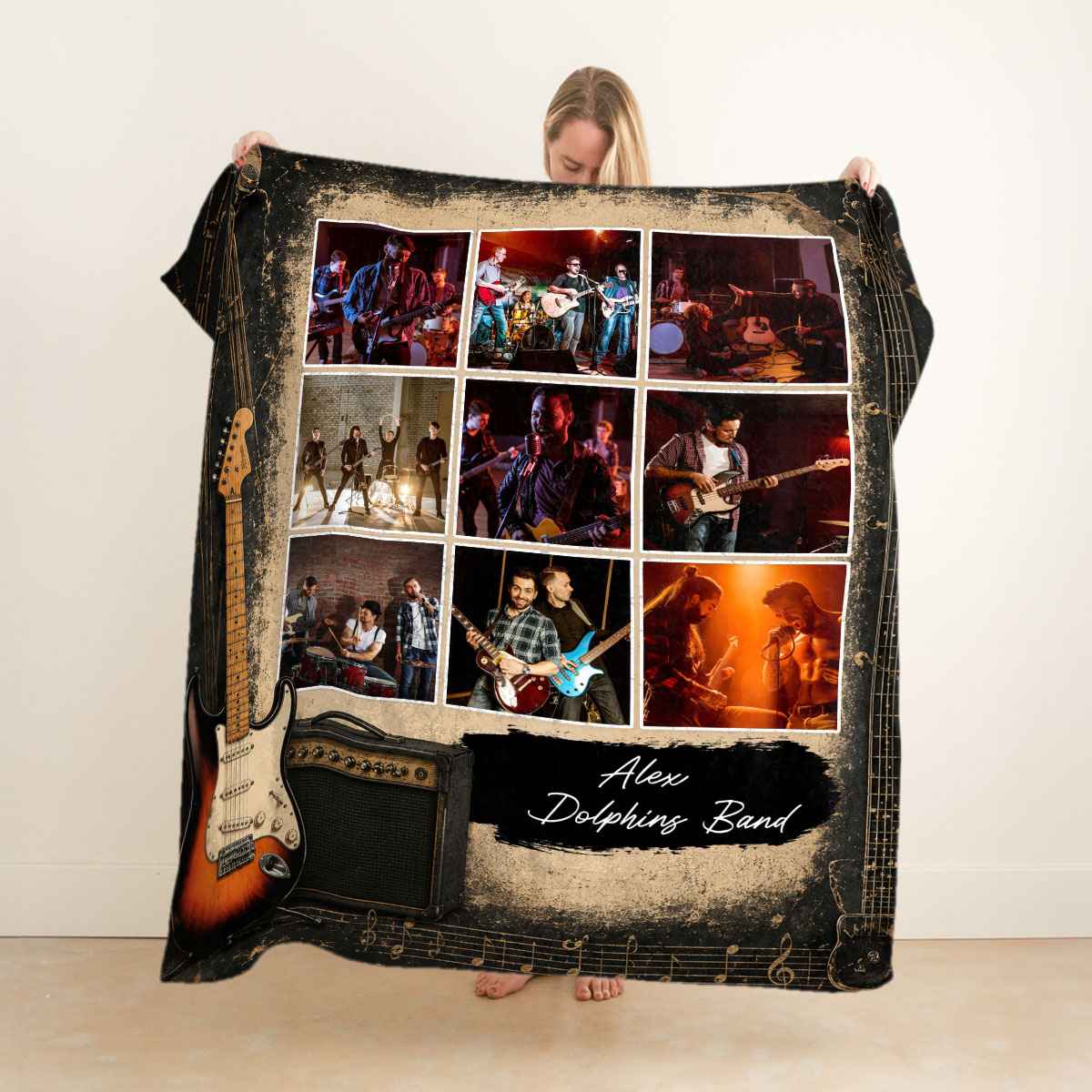 Custom Rock Band Photo Collage Blanket – Personalized Guitar Music Throw among Bandmates