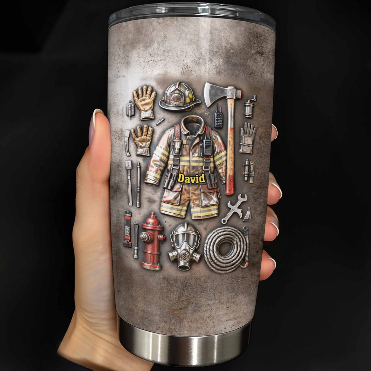 Personalized firefighter gifts custom stainless steel tumbler featuring firefighter gear and custom name print