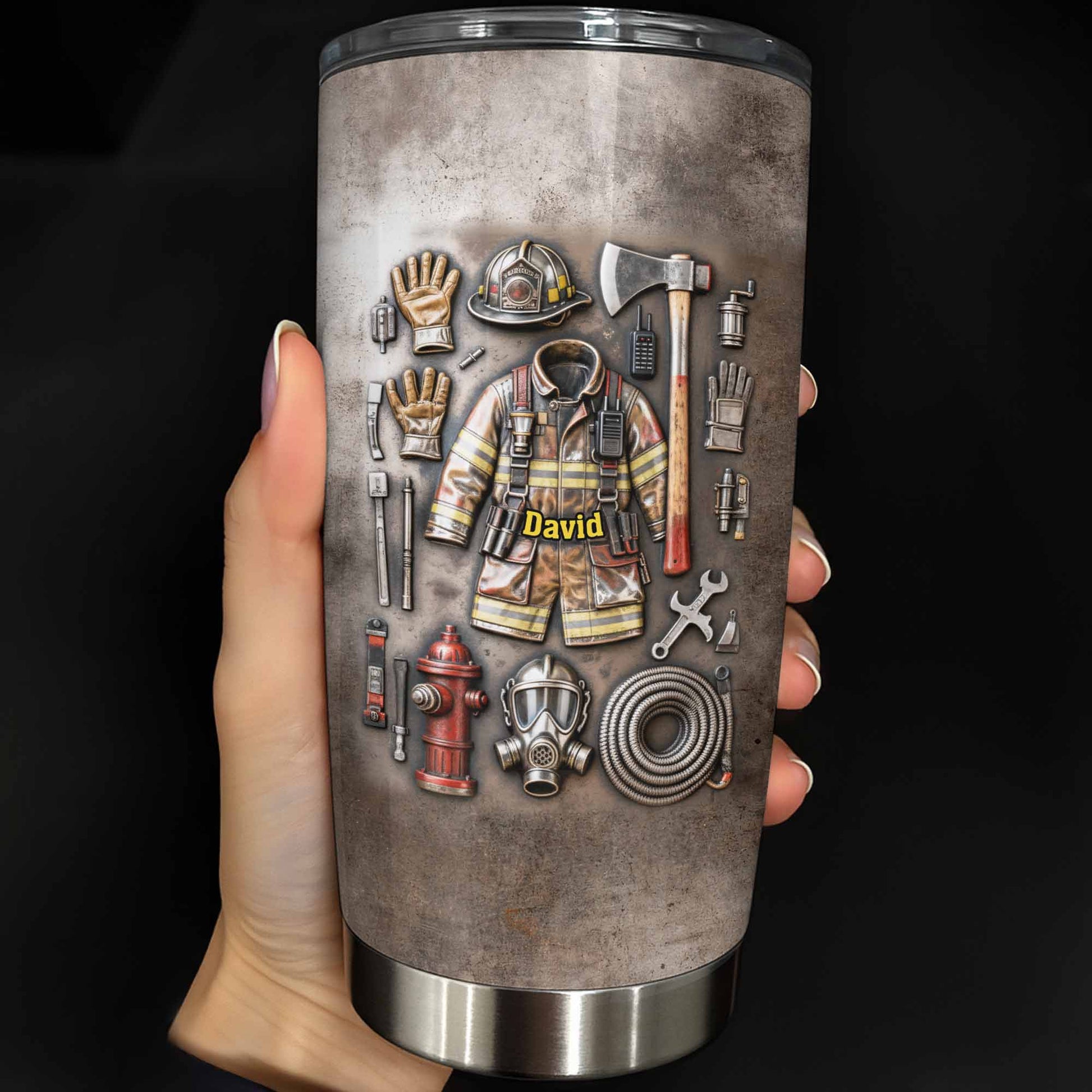 Personalized firefighter gifts custom stainless steel tumbler featuring firefighter gear and custom name print