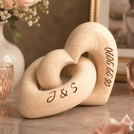 Personalized wooden heart sculpture engraved with custom initials and anniversary date - romantic gift for couples
