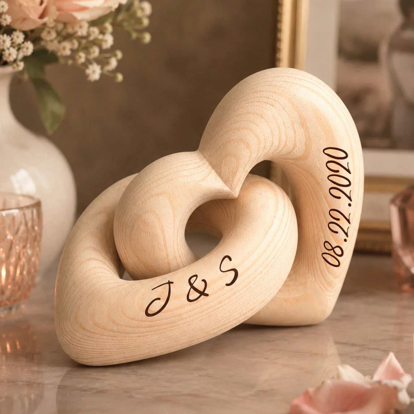 Personalized wooden heart sculpture engraved with custom initials and anniversary date - romantic gift for couples
