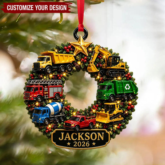 Custom Construction Truck Wreath Wooden Ornament - Personalized Christmas Gift for Kids