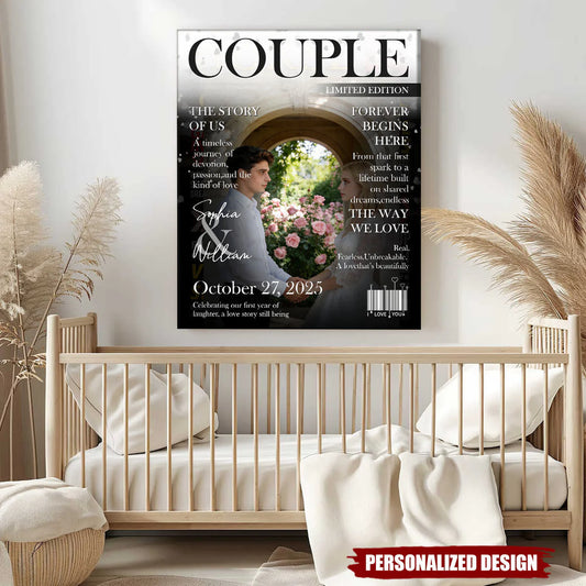 Custom couple magazine cover wall art print with personalized photo and names for an anniversary gift