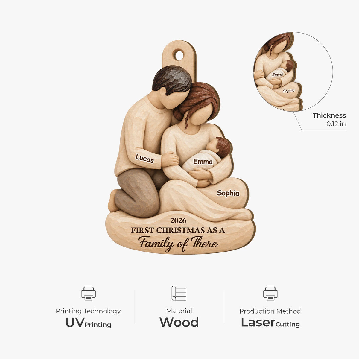 "First Christmas as a Family" Personalized Wooden Ornament - Baby Keepsake for New Parents